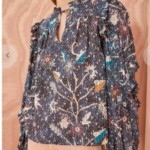 Ulla Johnson Blue and White Manet Floral Blouse long sleeve